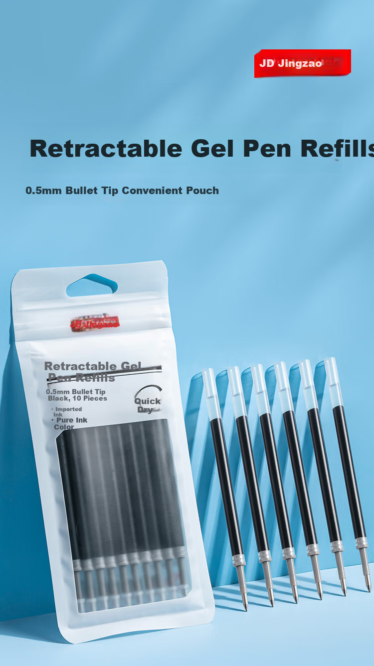 JD Jingzao Push-Type Neutral Pen Refills Black Bullet Tip 0.5mm 10-Pack Imported Ink Office Pen Refills Compatible with JD1001/1009/S01/S08/1008/K35 1