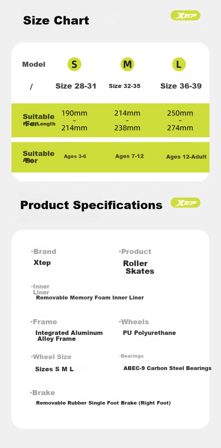 Xtep Inline Skates Kids Roller Skates Boys Girls Beginner Set School Children Adult Inline Skates 6