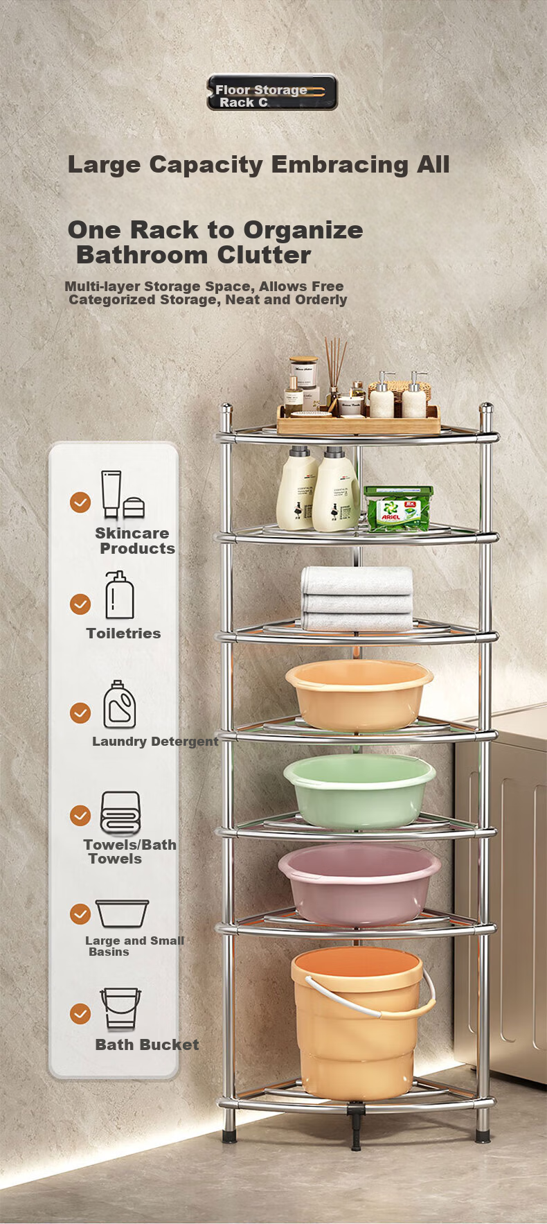 Jingxun Stainless Steel Four-Tier Bathroom Basin Rack Bathroom Storage Shelf Corner Floor Storage Rack 3
