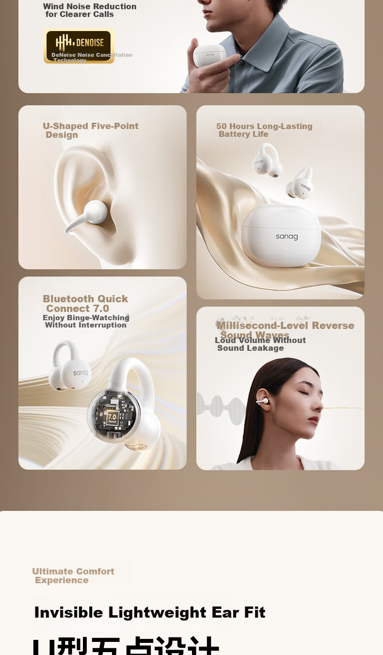 SANAG Z60S Bluetooth Headphones, Clip-On Wireless Bone Conduction Open-Style Gaming AI Translation Call Noise Reduction Ultra-Long Battery Life 2026 New Model Compatible with Apple, Huawei, Xiaomi 8