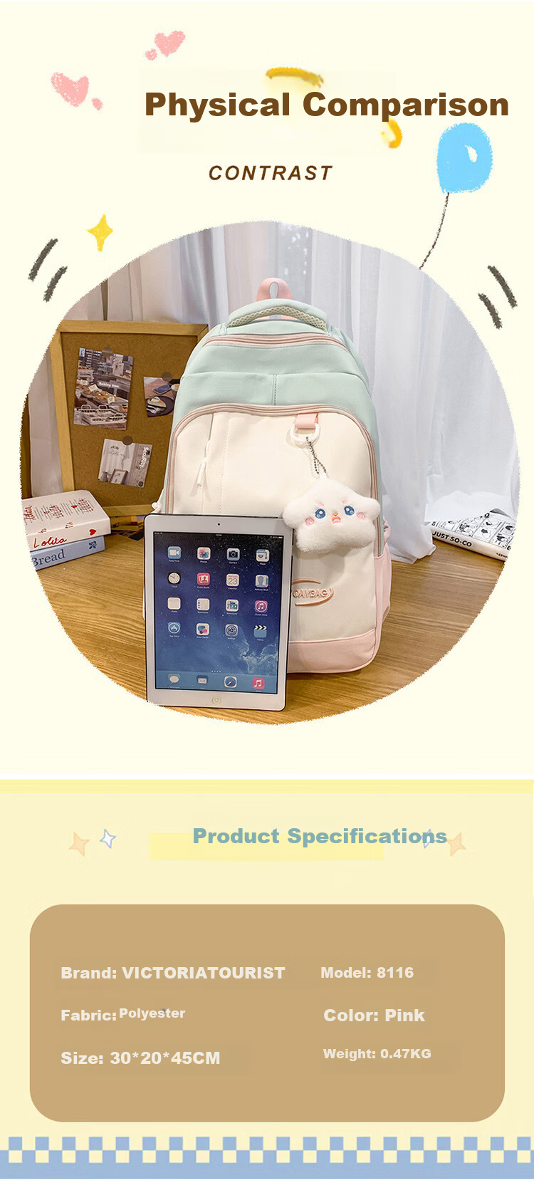 VICTORIATOURIST Middle School Student Backpack for Girls High-Value High School and College Student Large Capacity Ins Style Ultra-Lightweight Load-Reducing Double Shoulder Bag 3
