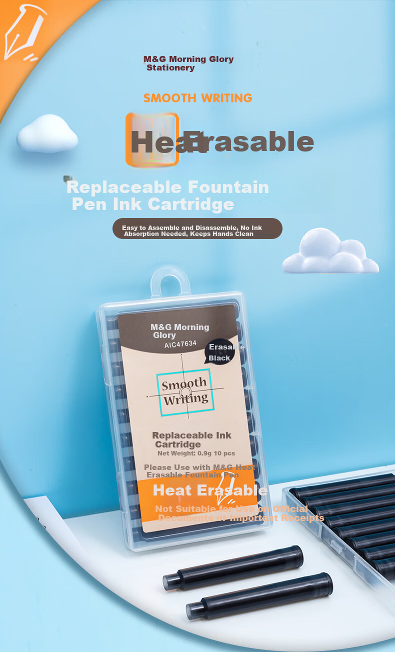 M&G Erasable Black Fountain Pen Ink Cartridges 3.4mm Refillable Oil-Based Ink for Students 10-Pack AIC47634A 1