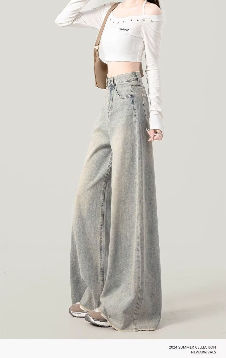 Jeanswest Women's Jeans 2026 Vintage Washed Straight High Waist Loose Distressed Raw Hem Wide Leg Pants Nostalgic Blue L 7