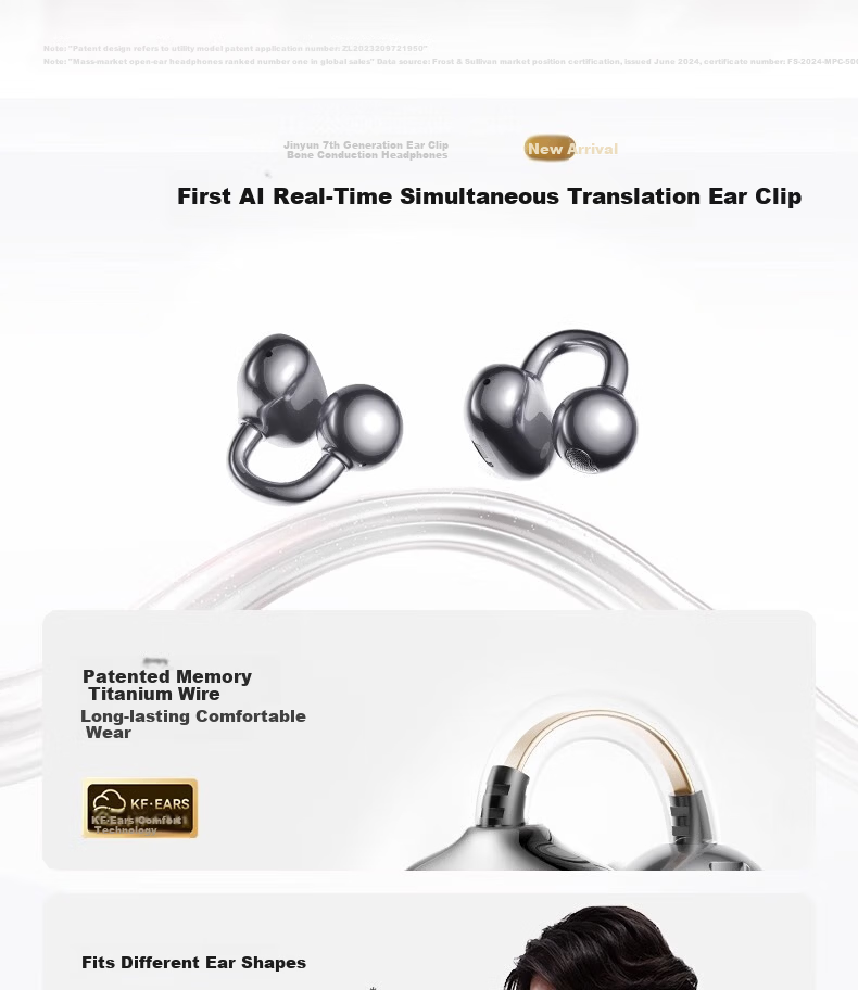 KINYO Bluetooth Earphones 2025 New Bone Conduction Clip-On AI Translation Wireless Sports Running i7 17