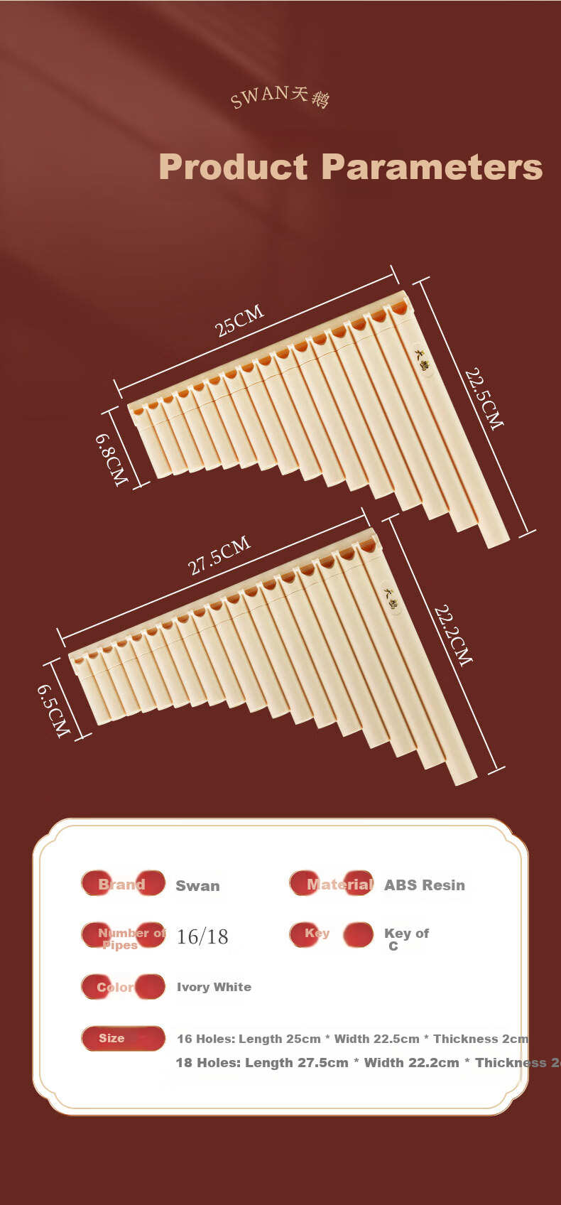 Swan Pan Flute C Key 18 Notes Professional Performance Level Panpipe for Primary and Secondary Students 18 Pipes Ivory White Standard Edition 7