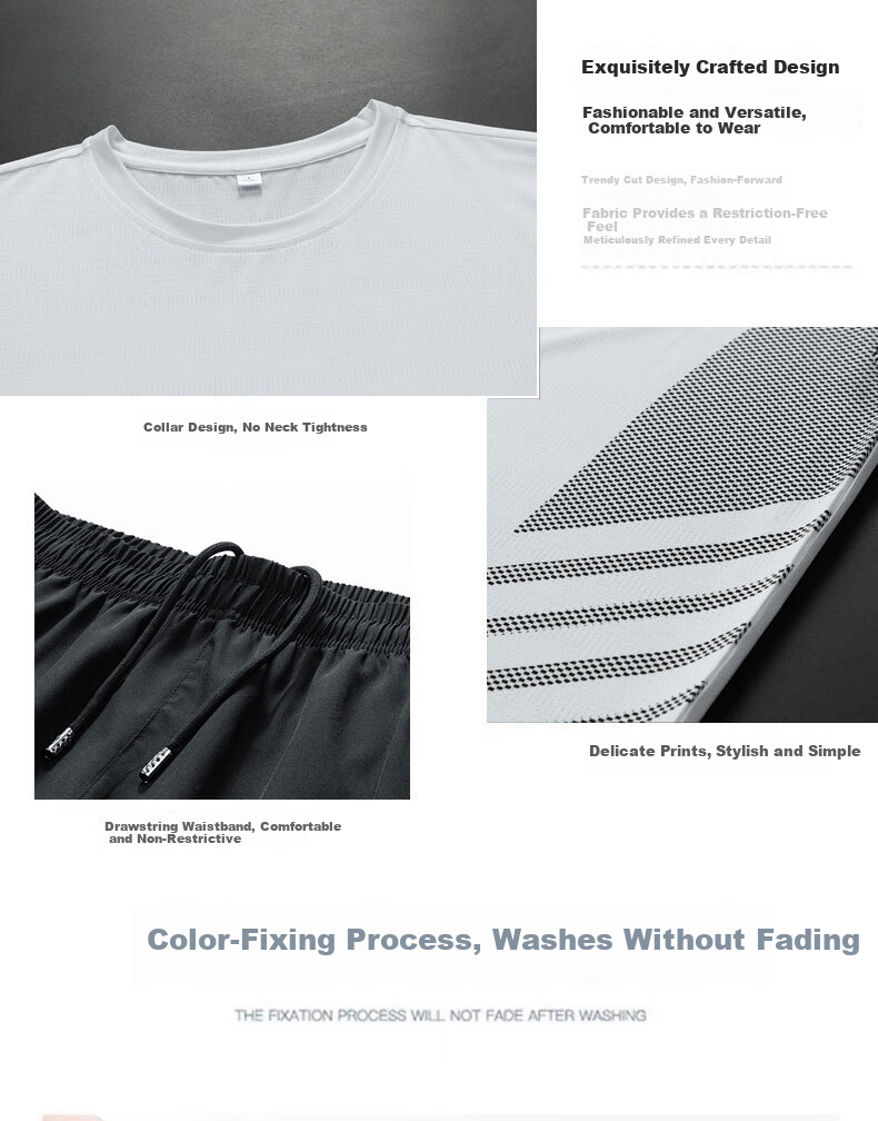 TUCANO Men's Summer Thin Ice Feeling Breathable Crew Neck T-Shirt and Casual Sports Pants Two-Piece Set Black XL 8