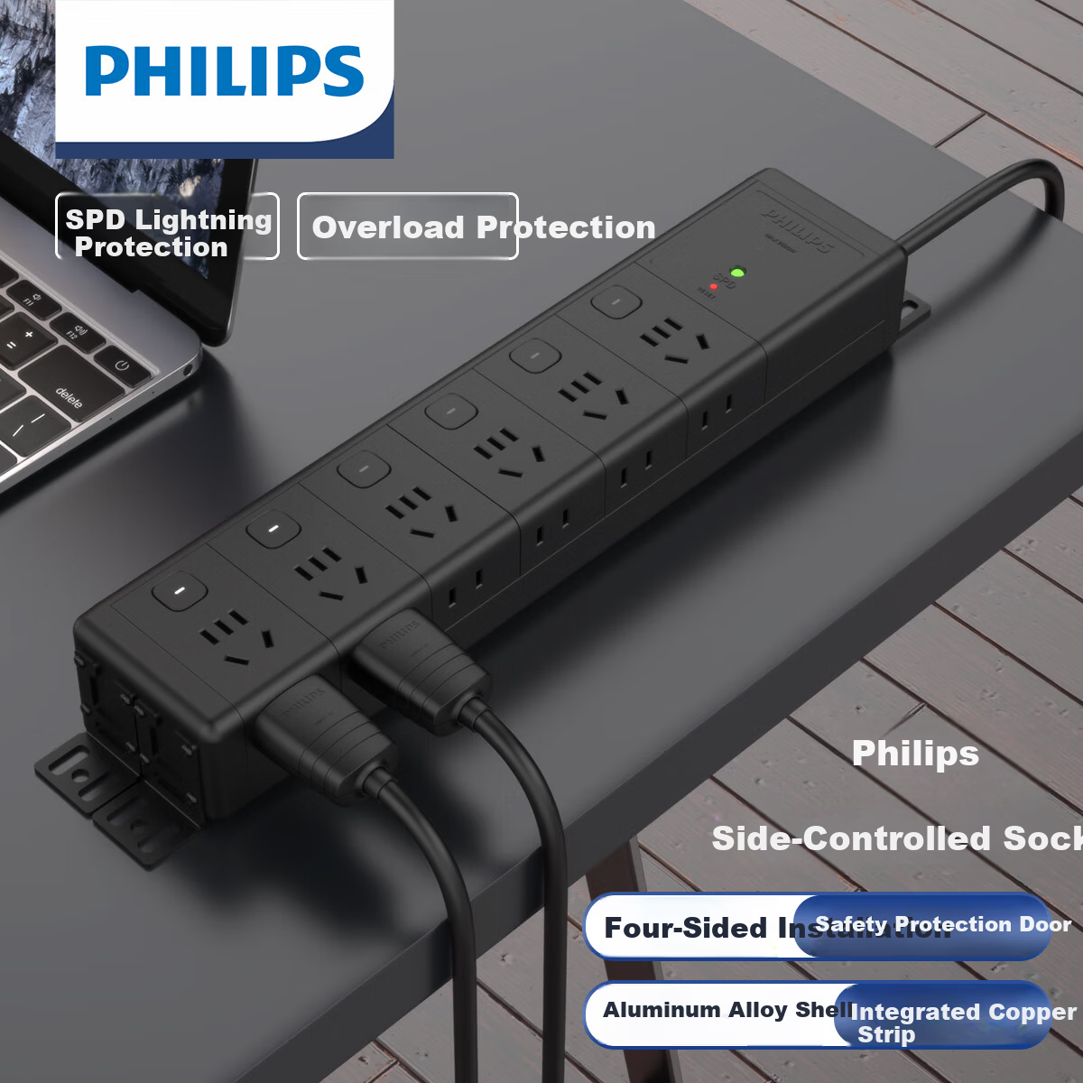 PHILIPS Aluminum Alloy PDU Power Strip 12-Outlet Desktop Controlled Side Socket Surge Protector Overload Protection Gaming Office Computer Desk Under-Desk No-Drill Extension Cord Socket Board