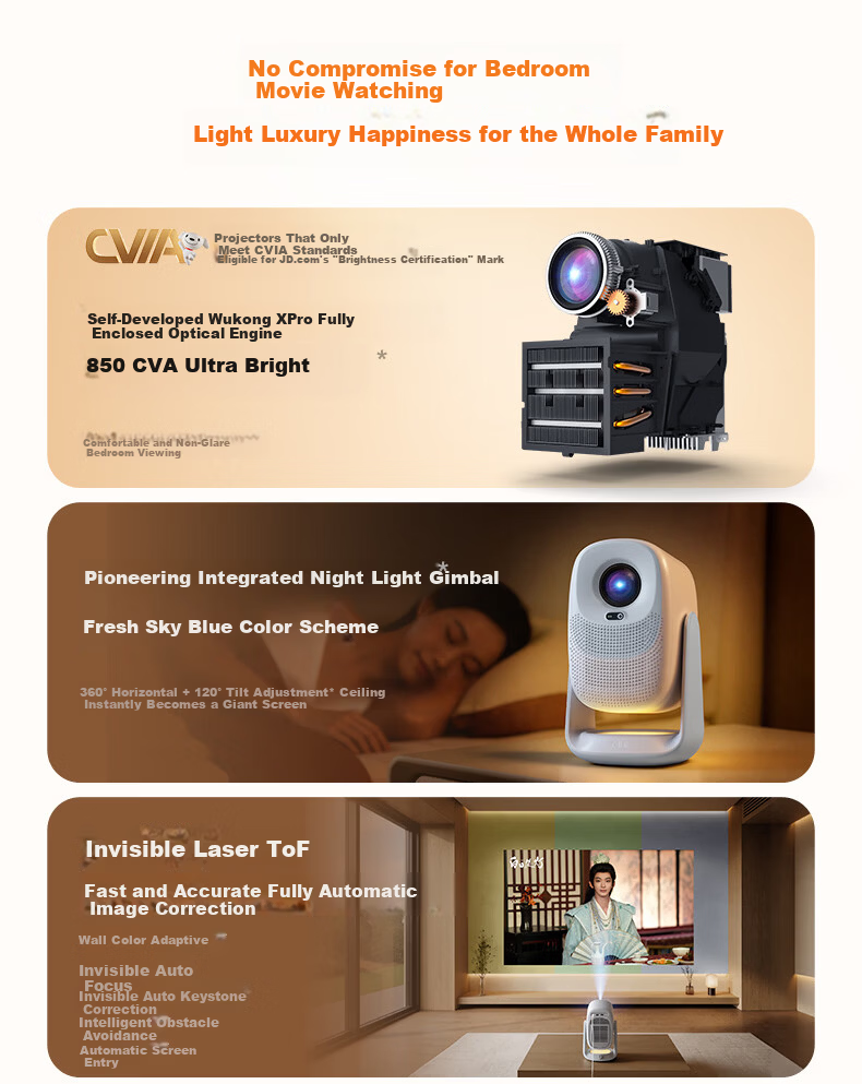 Dayancheng C3 Max Dream Cabin [850CVIA] [TOF Focus], High-Brightness Gimbal Projector, Home Ultra-High Definition Bedroom Portable Projector, High-Definition Smart Home Theater 3