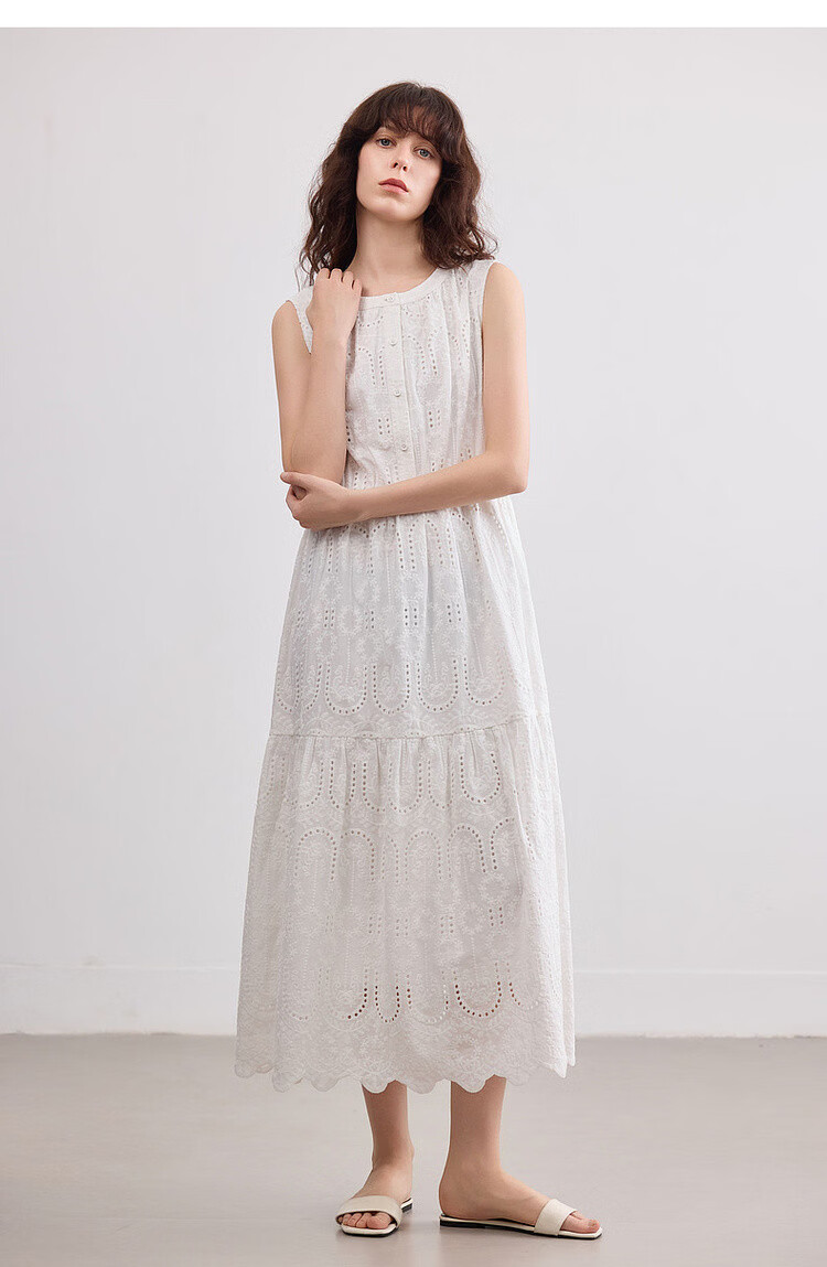 Demana [Cloud Breath Pure Cotton] Summer Artistic Fresh Heavy Embroidery Sleeveless Waist-Cinched A-Line Mid-Length Dress for Women 18