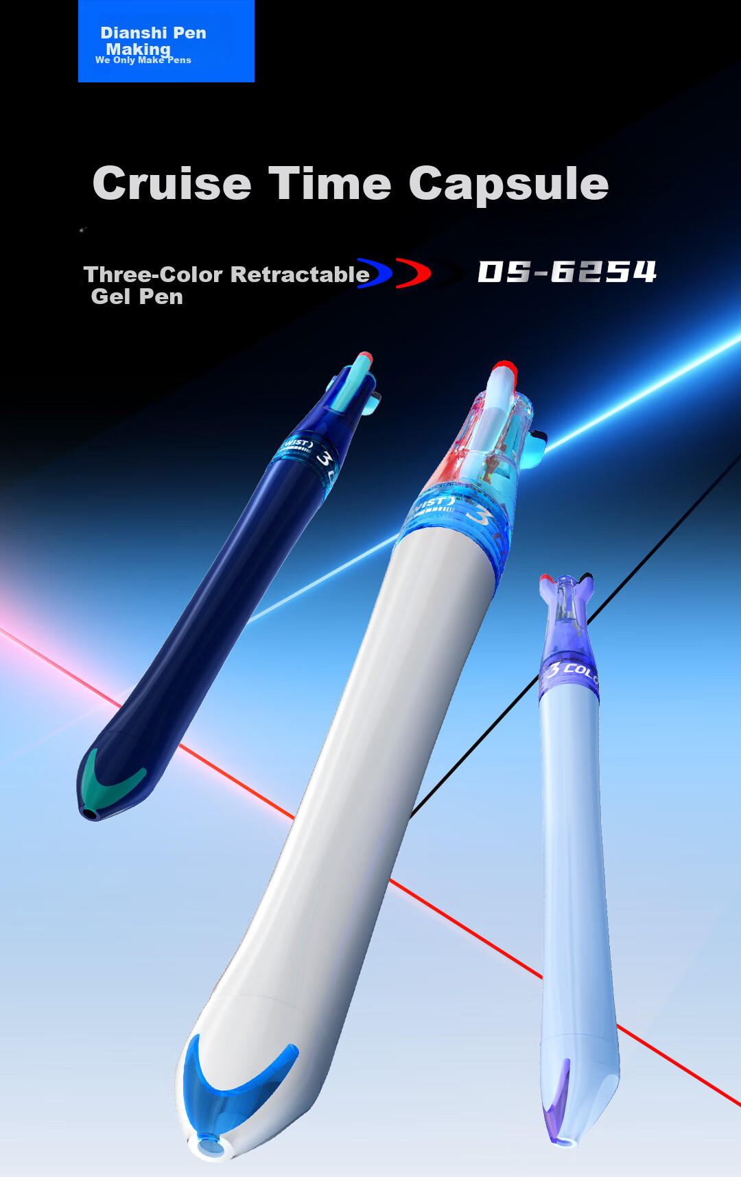 Dianshi Pen Cruise Time Capsule Tri-Color 0.5mm Retractable Dual-Ball Quick-Dry Gel Pen Black Blue Red Multifunctional Student Office Supplies 6254 [1 Pen 3 Refills] White Blue Barrel 4