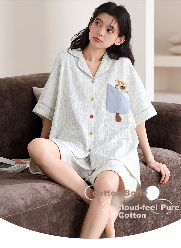 Urban Beauty Couples 100% Cotton Summer Pajama Set for Women, Short Sleeve and Shorts, Cartoon Homewear, Suitable for Outdoor Wear 2