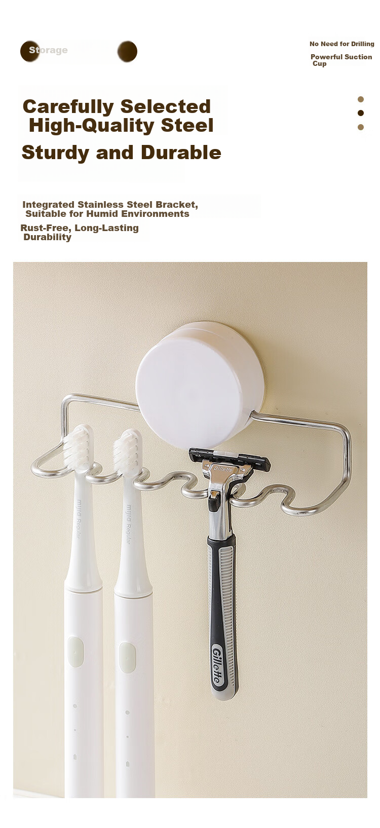 Imakara Wall-Mounted Suction Cup Toothbrush Holder Electric Toothbrush Storage Rack Premium No-Drill Organizer 5