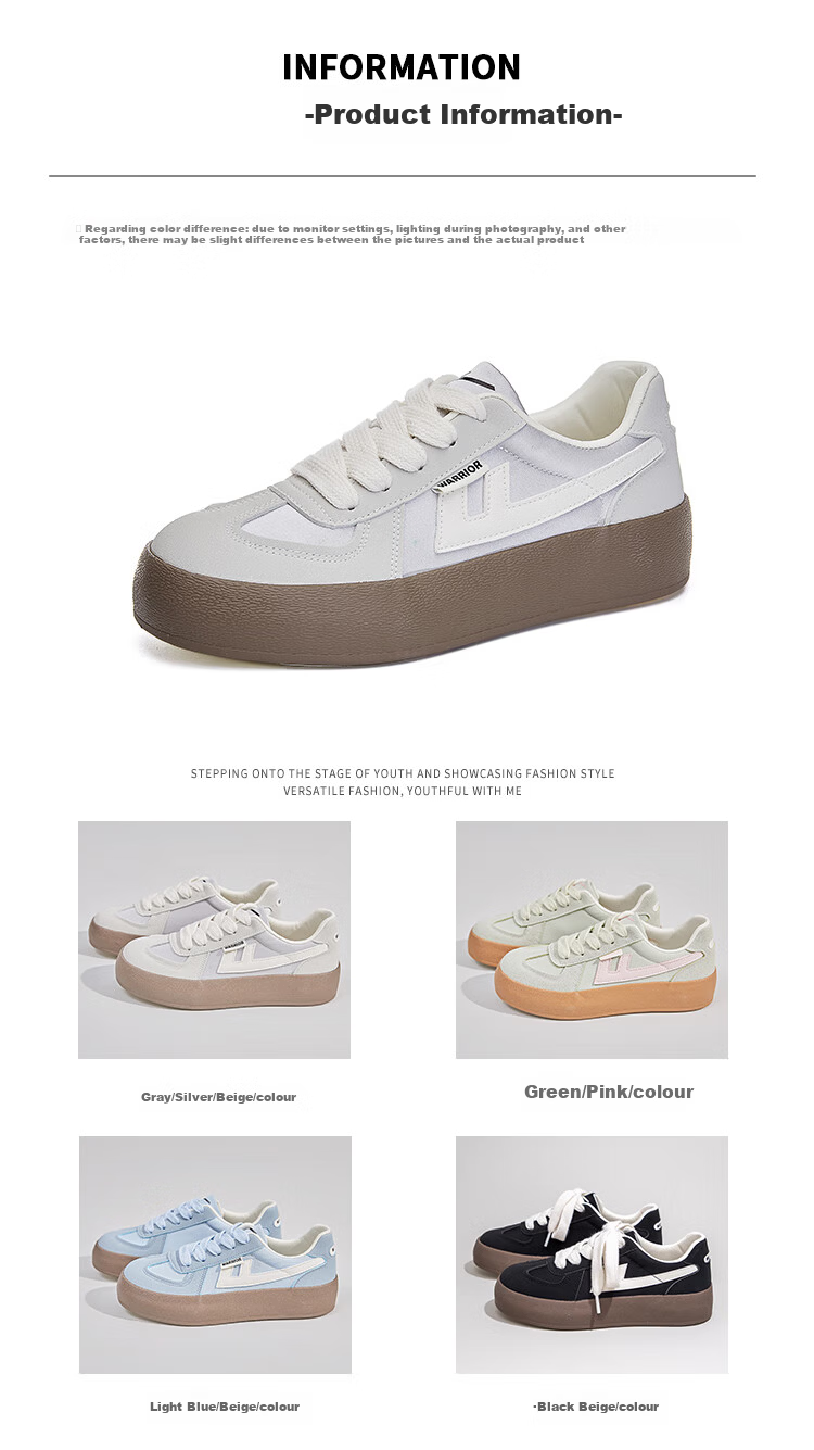 Warrior Women's Thick-Soled Canvas Shoes Retro Versatile Sneakers Lightweight Casual Shoes H896BR Gray/Silver/Beige Size 35 4