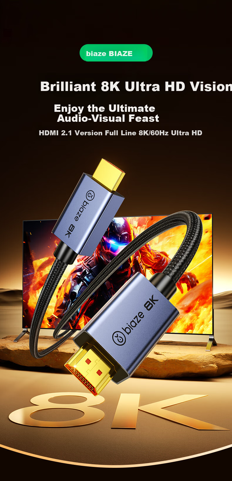 BIAZE Pure Copper Full-Power HDMI Cable 2.1 Version 3M 8K60Hz 4K240Hz Laptop TV Monitor Projector High-Definition Video Cable 1