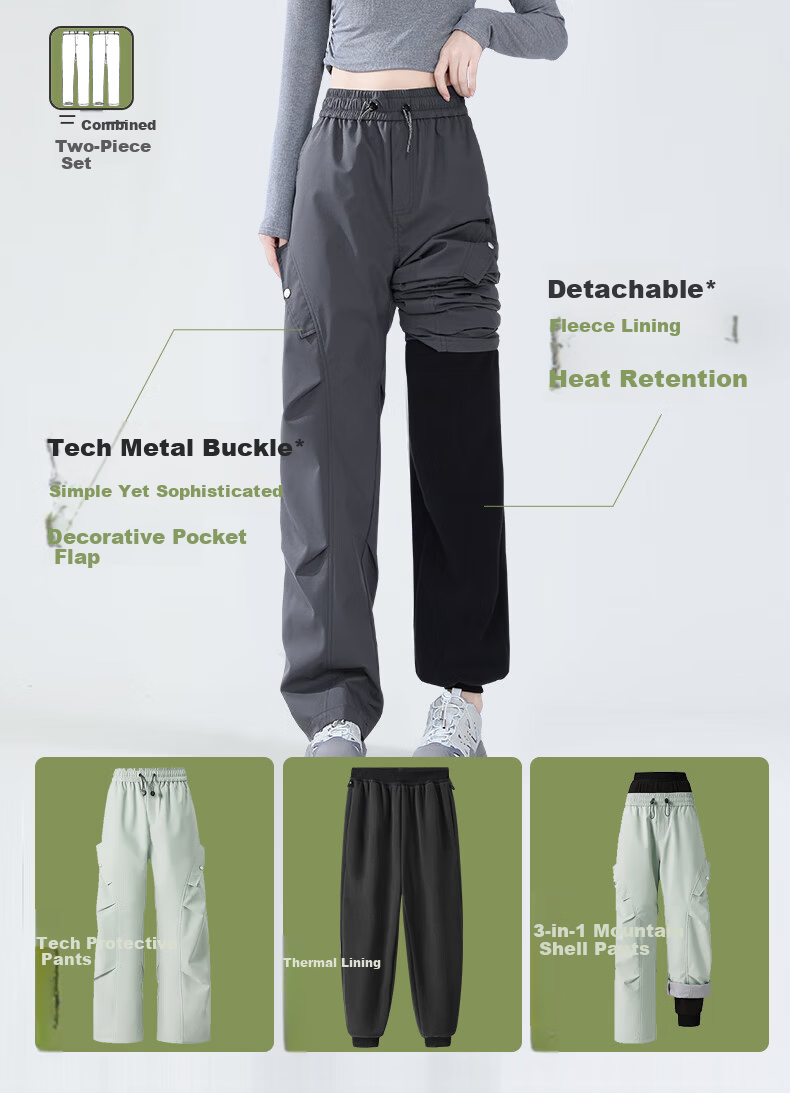 LangSha Climbing Diary Snow Country Ski Pants 3-in-1 Detachable Softshell Waterproof Women's Mountaineering Warm Cold-Resistant Pants 2