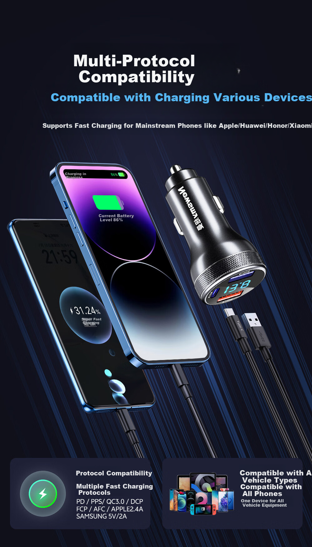 Newsmy 100W Super Fast Car Charger with Cable, Triple USB Port Cigarette Lighter Adapter, Type-C High Power Car Charger Compatible with Apple 17 5