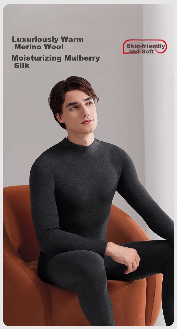 Caiyue Men's Thermal Underwear Set Mid-Neck Windproof 10A Antibacterial Wool Silk Half-High Collar Fleece Autumn Top and Bottom 1
