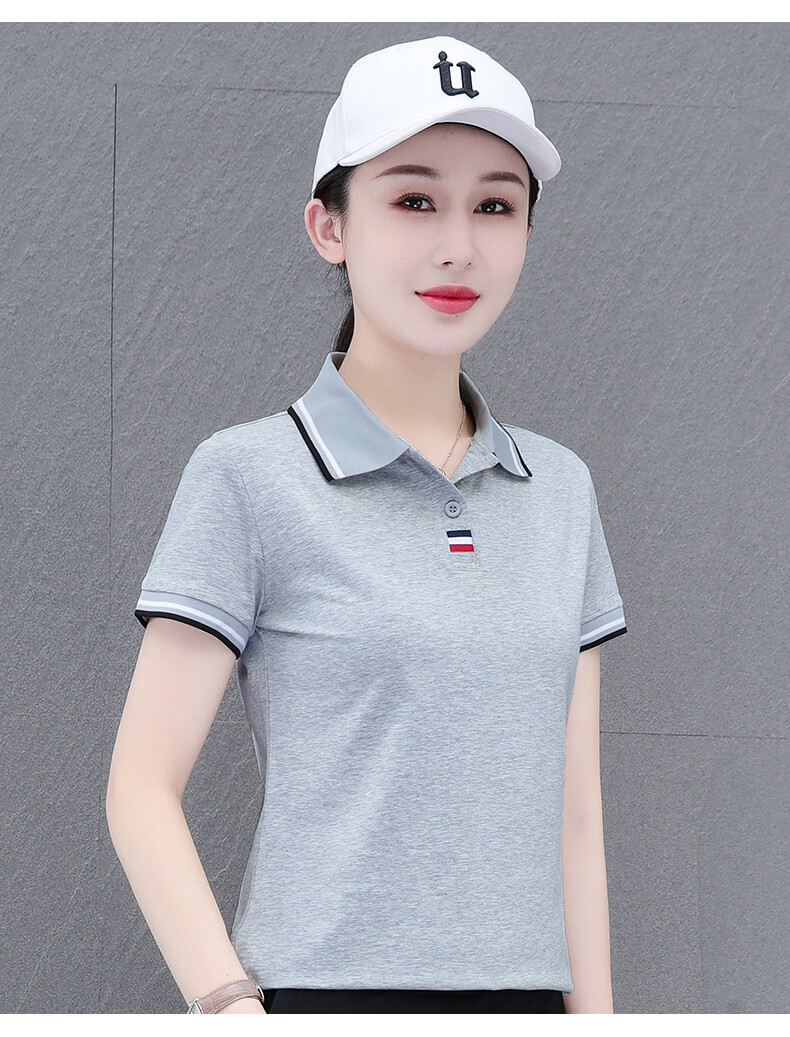Woodpecker Women's Polo Shirt Short Sleeve T-Shirt Summer New Pure Cotton Regular Shoulder Turn-down Collar Casual Plus Size Slim Fit Top Gray M 17
