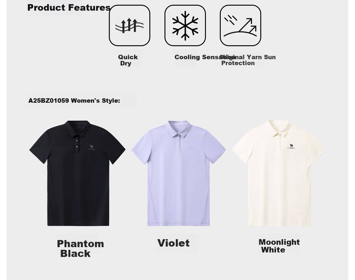 CAMEL Outdoor Quick-Dry Short Sleeve Polo Shirt Ice Cooling Wrinkle-Resistant Breathable Sweat-Absorbing Sports Sun Protection Top A25BZ01059 35