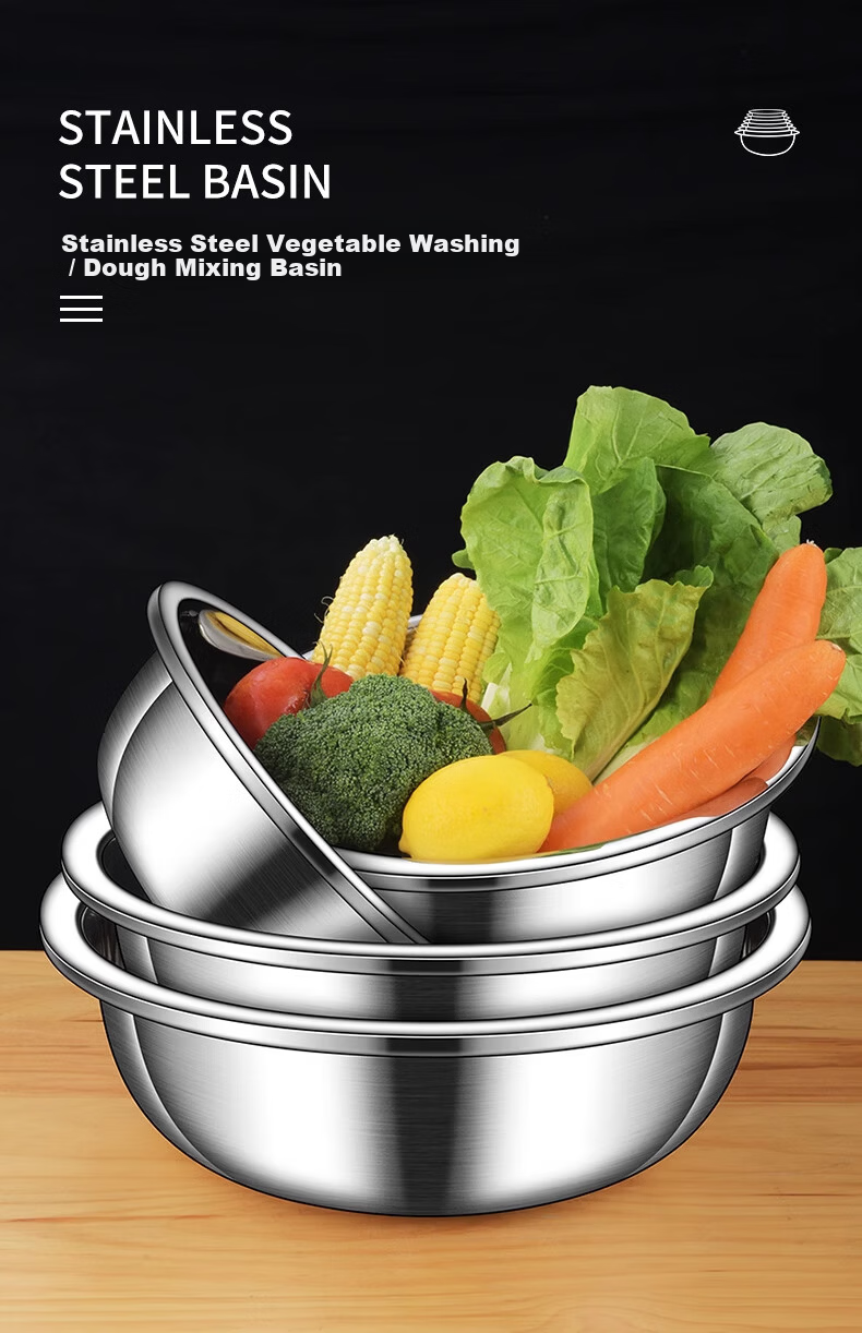 Oluoti 304 Stainless Steel Food Grade Salad Bowl Thickened Kitchen Marinating Bowl Egg Beating Bowl Large Basin 30cm 4