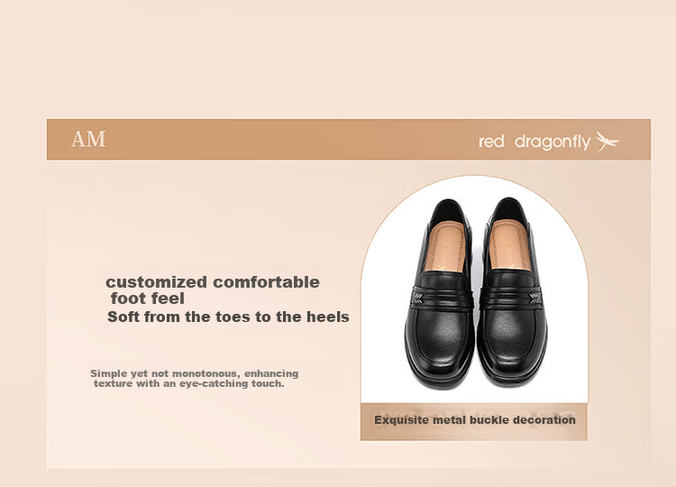 Red Dragonfly Women's Loafers Breathable Chunky Heel Leather Shoes Commuting Workplace Soft Sole Wear-Resistant Flats WTB161062 Off-White Size 37 4