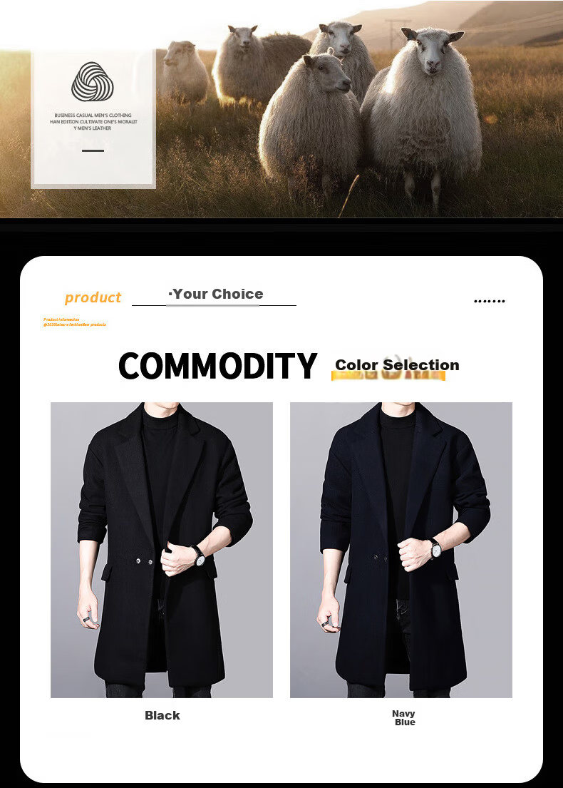 ROMON Men's Mid-Length Woolen Coat Autumn Winter Business Casual Warm Woolen Overcoat 1929 Black XL 3