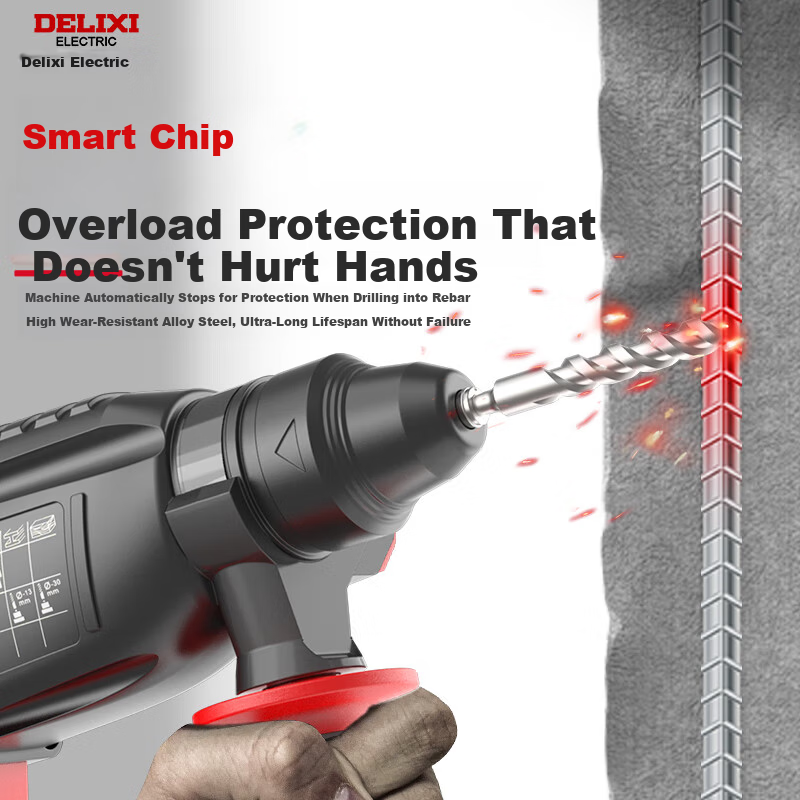 DELIXI ELECTRIC Industrial Grade Brushless Cordless Rotary Hammer Drill Impact Hammer Electric Pick Concrete Wireless Industrial Slotting Drilling Machine