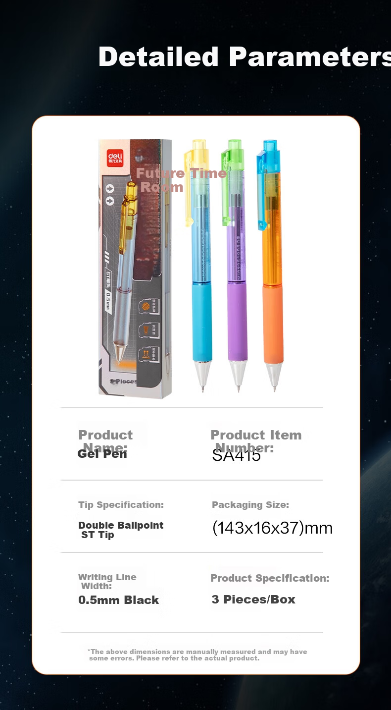 Deli Cyberpunk Click Gel Pen 0.5mm Dual Ballpoint ST Tip Quick-Dry Low Center of Gravity Design Black 3pcs/Box SA415 11