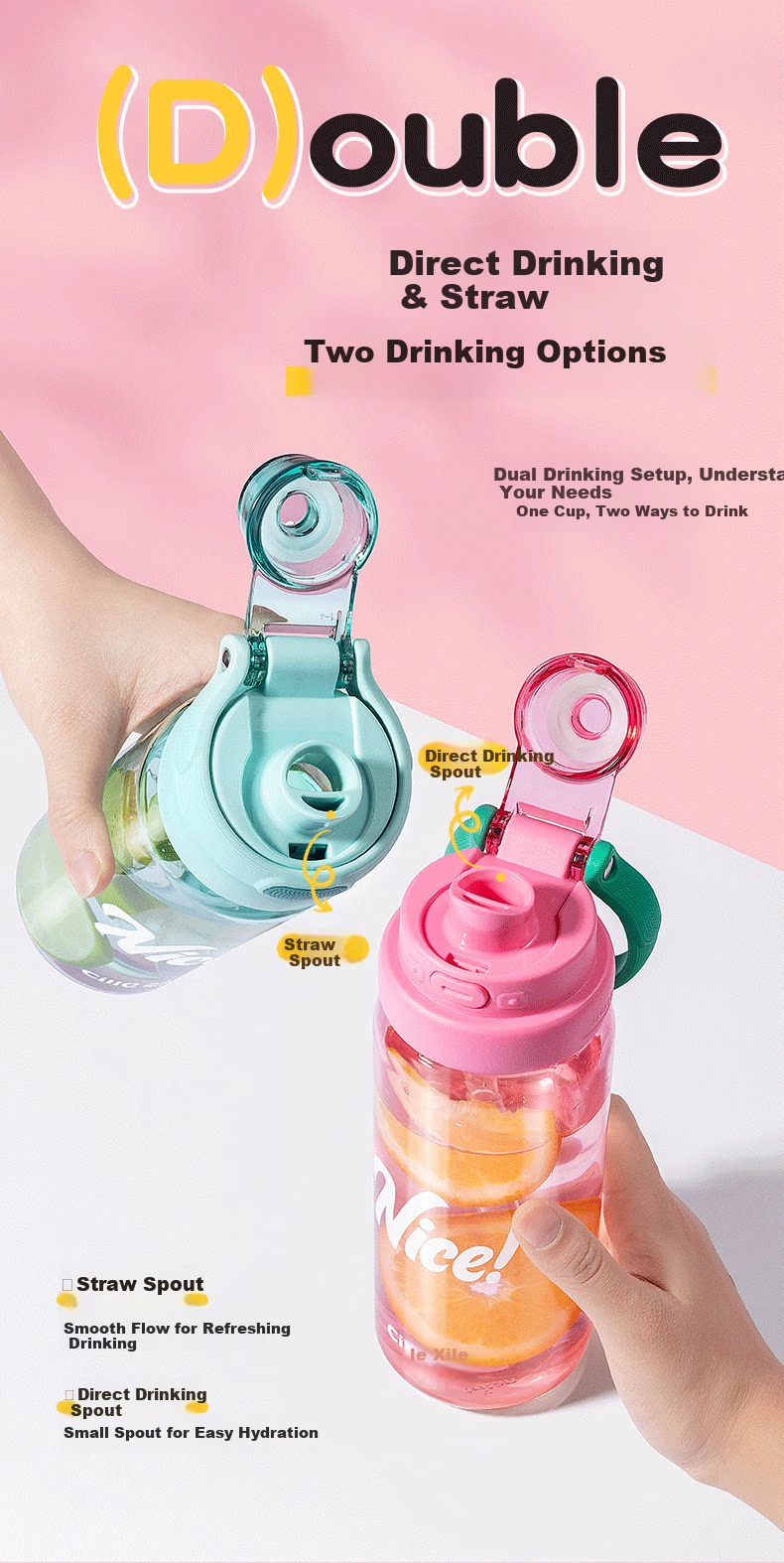 Xile Tritan Large Capacity Water Bottle Women's High-Value Straw Cup Student Outdoor Portable Sports Direct Drinking Cup Summer 3