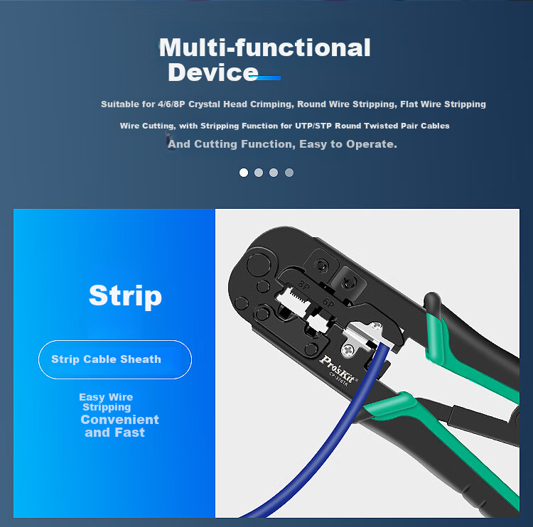 Pro'sKit CP-376TR Network Cable Crimping Tool 4P/6P/8P Multi-Function Professional Ratchet Crimper for RJ45/RJ11/RJ12 Connectors 6