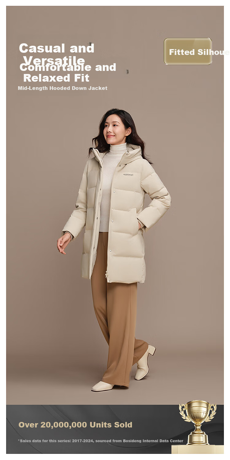 Bosideng Women's Winter Down Jacket Loose Comfortable Mid-Length Fashion Casual Thickened Hooded Versatile Coat 1