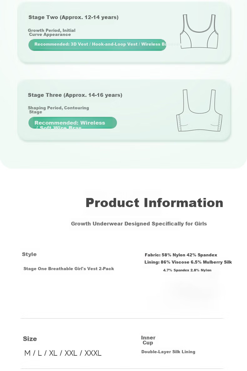 GUJIN 2-Pack Girls' Underwear Development Period 9-12 Years Thin Seamless Girls' Bra Elementary School Older Kids Sports Vest 2