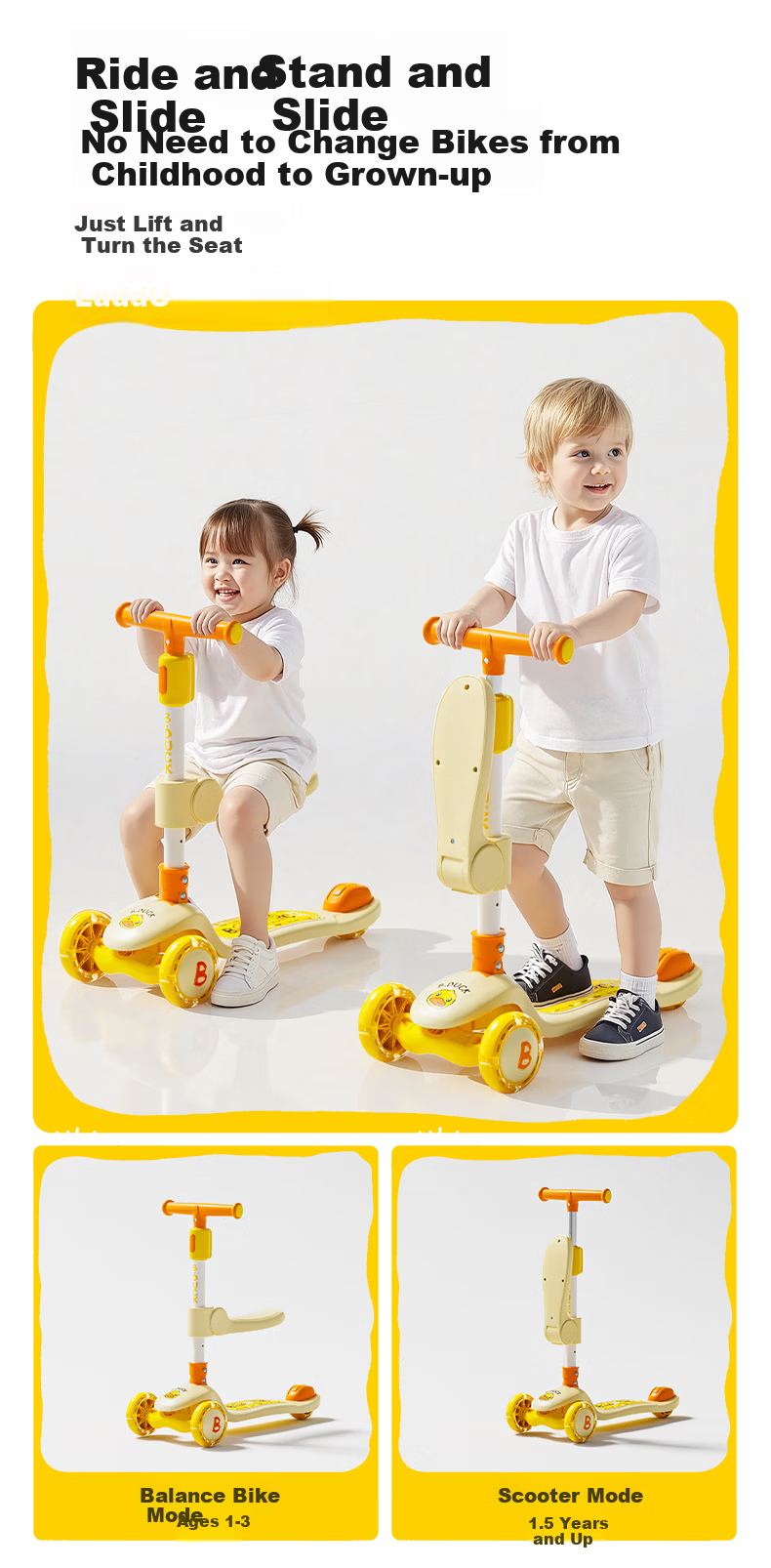Le Little Yellow Duck Children's Scooter 1-3-6 Years Old Kids 2-in-1 Ride-On and Push Scooter Baby Boys and Girls Birthday Gift 3