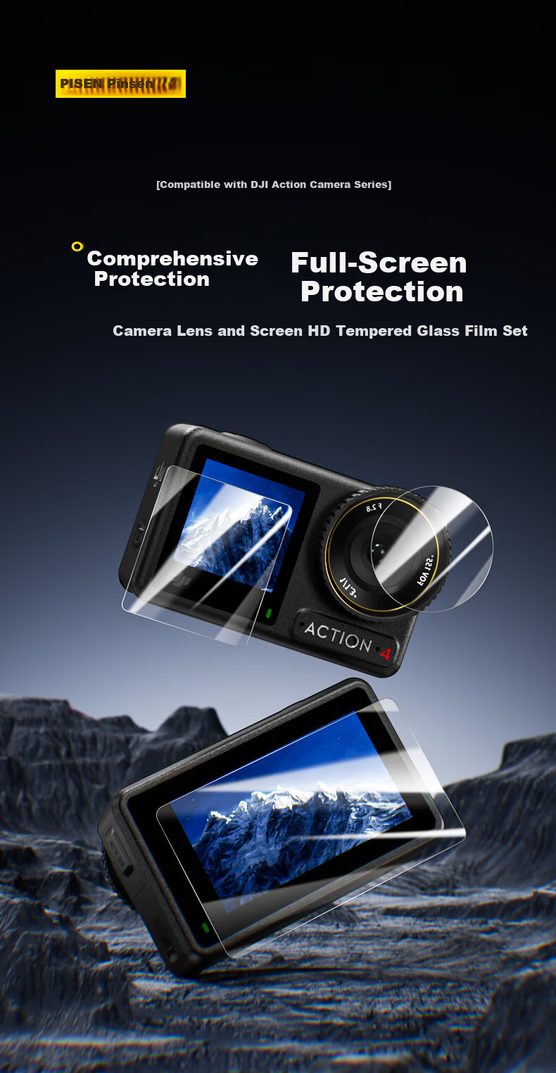 Pisen Tempered Glass Screen and Lens Protector for DJI Pocket 3/4 Generation Osmo Action Camera, High-Definition Explosion-Proof, Scratch-Resistant, 2-Pack Set 1
