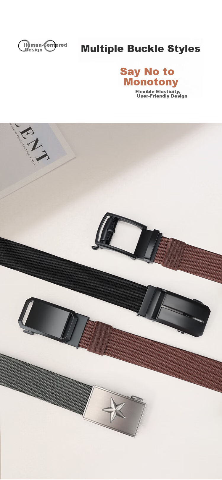 Biyoumei Men's Belt Black Curved Pin Buckle Automatic Elastic Strap Business Casual Birthday Gift Leather Belt 2