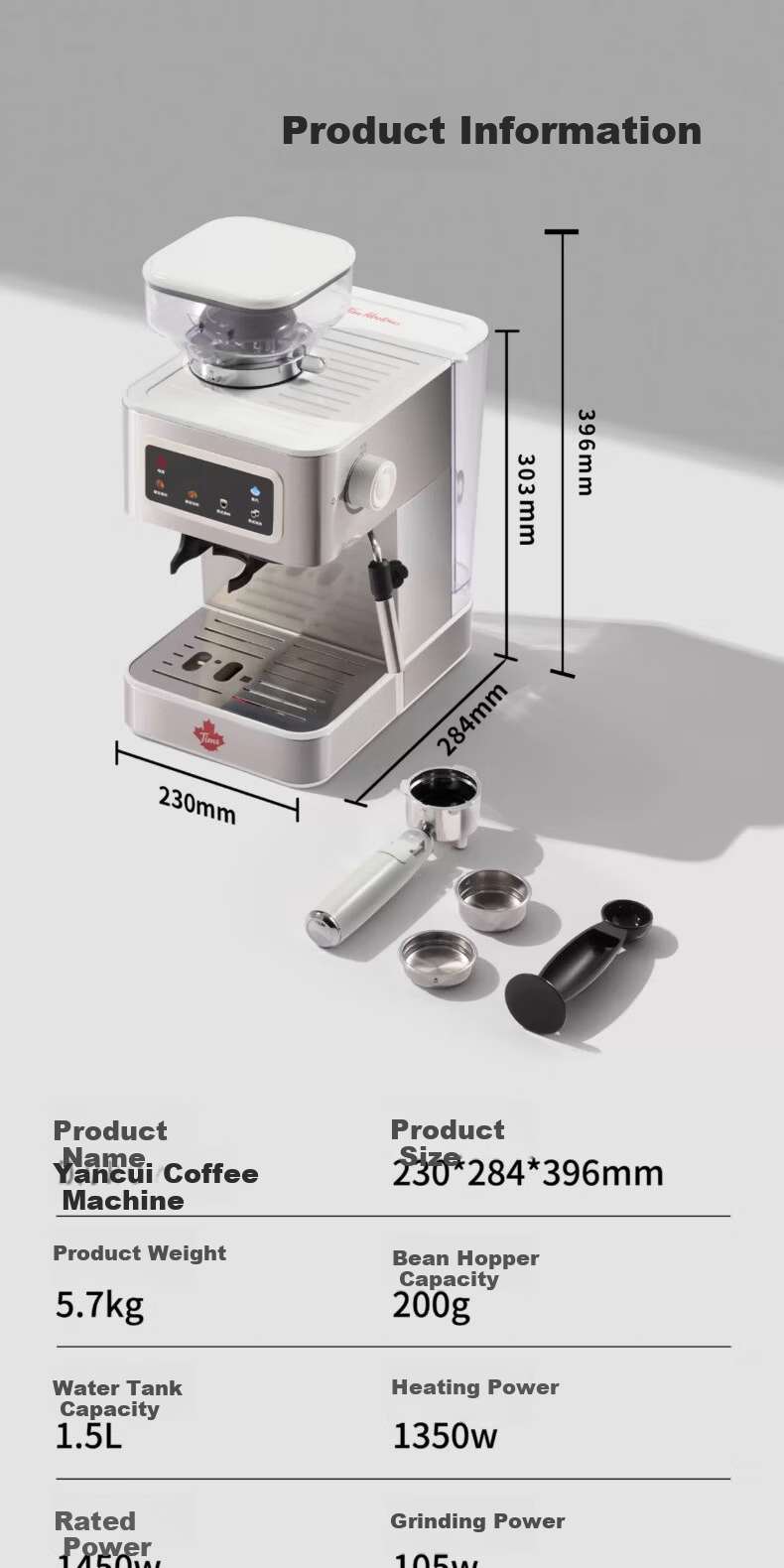Tim Hortons Tims T5 Fully/ Semi-Automatic Italian Home Coffee Machine Grinder Integrated Cold Brew Version One-Touch Milk Frother Detachable Burr Silver 22