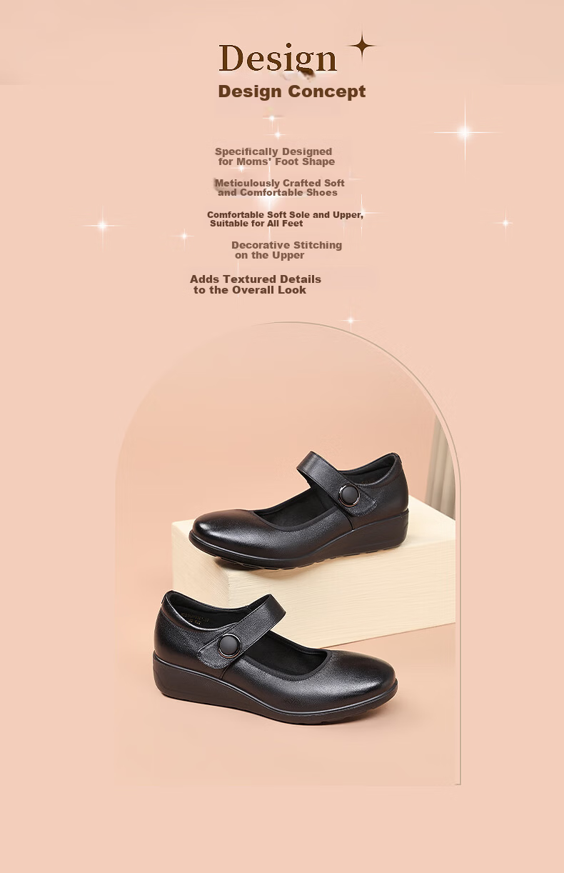 Red Dragonfly Women's Soft Sole Wedge Mid-Aged Mary Jane Casual Leather Shoes WTB152701 Black Size 39 2