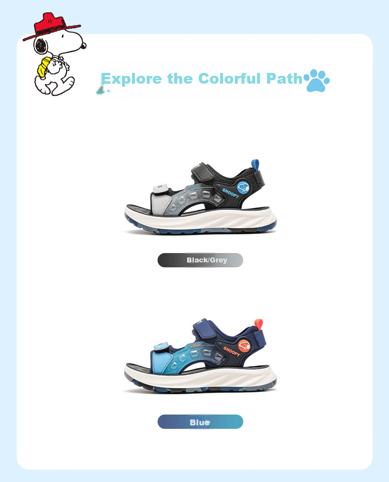 SNOOPY Boys' Beach Sandals Summer Breathable Open-Toe Casual Sandals for Kids 0108 Black Grey Size 33 2