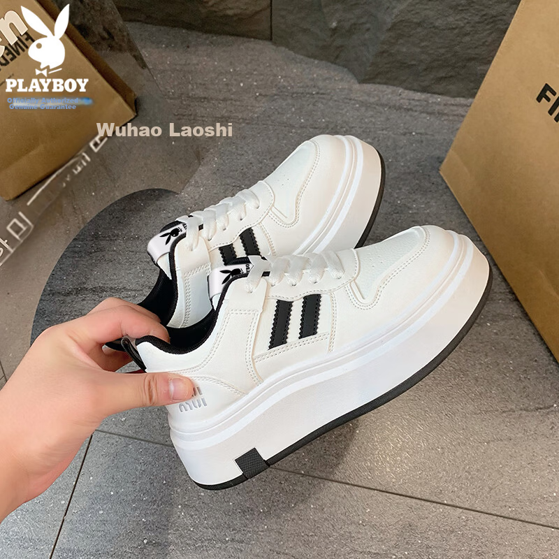 PLAYBOY Women's Shoes 2026 Summer Fashion Thick-Soled White Sneakers Casual Black Sports Shoes Size 38
