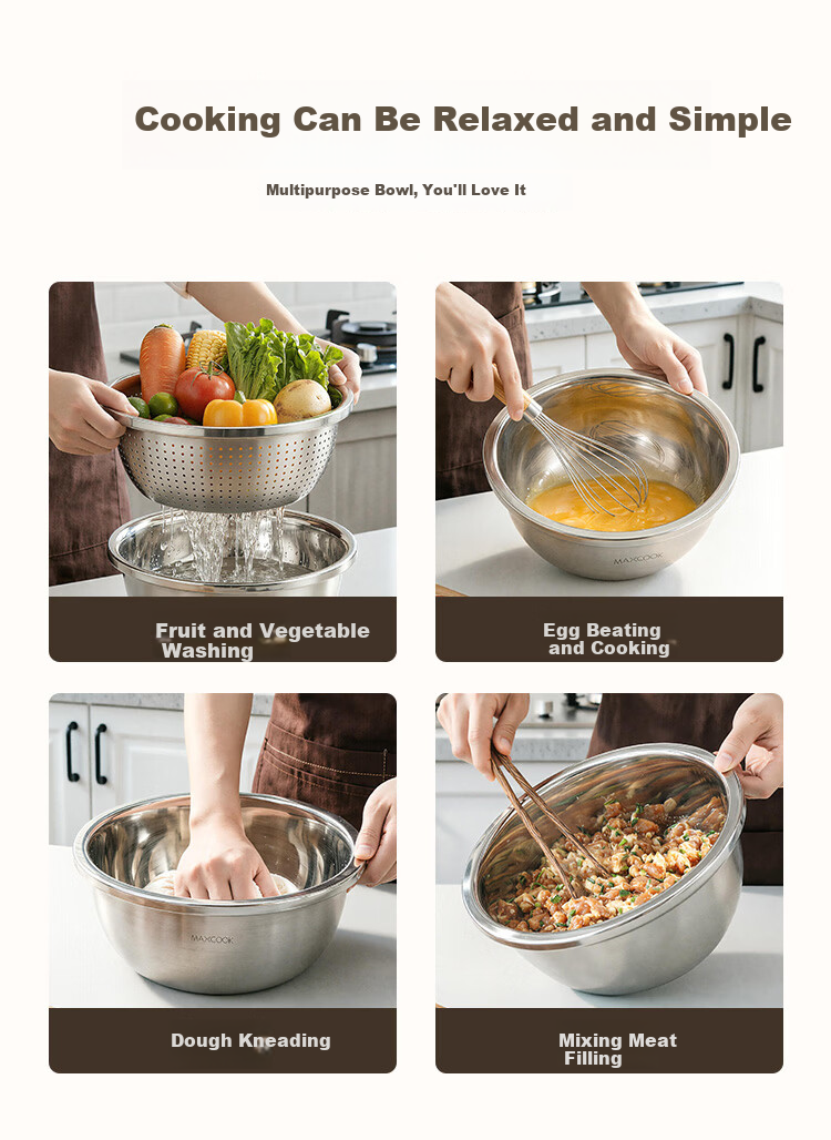MAXCOOK 316L Stainless Steel Bowl and Sieve 3-Piece Set Thickened Seasoning Bowl, Vegetable Washing Bowl, Dough Mixing Bowl, Rice Sieve MCWA5653 7