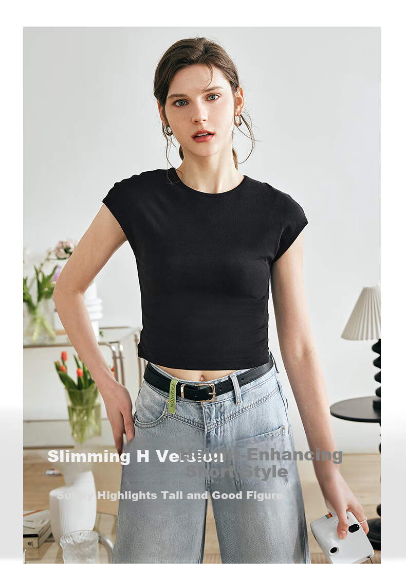 Olrain Cool Small Cap Sleeve Slim Fit Short Sleeve T-Shirt Summer Women's Short Top High Elastic Inner Wear Black S 14