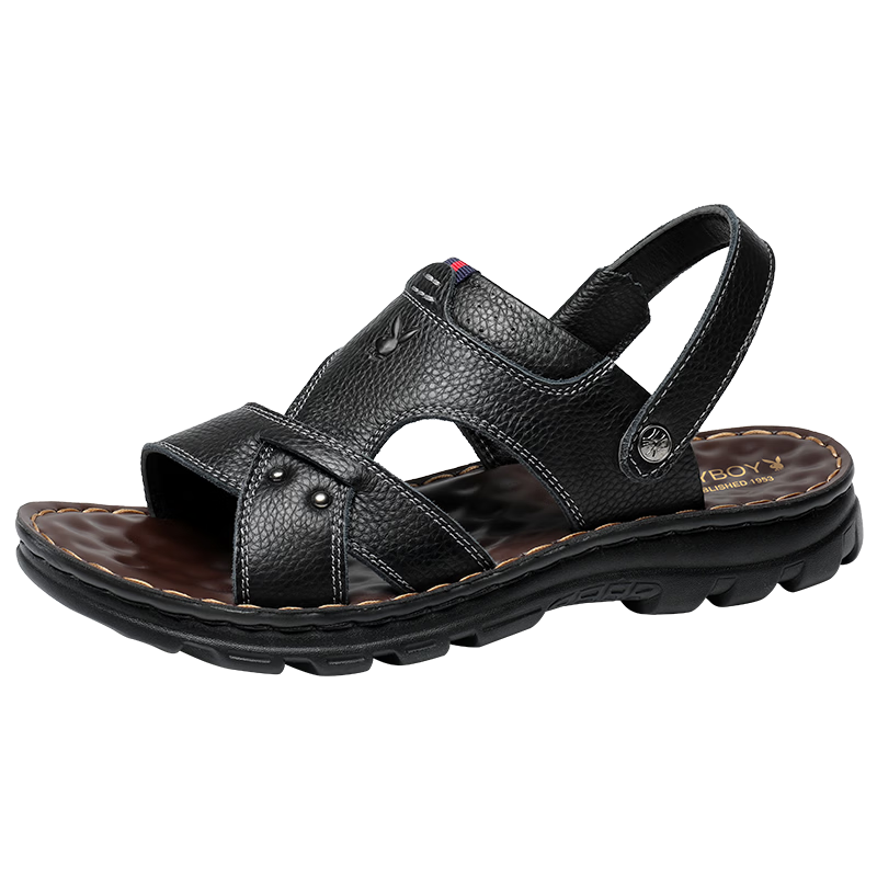 PLAYBOY Men's Sandals, Summer Casual Beach Shoes, Outdoor Middle-Aged And Elderly Dad Shoes, Leather Slippers, Dark Brown, Size 37