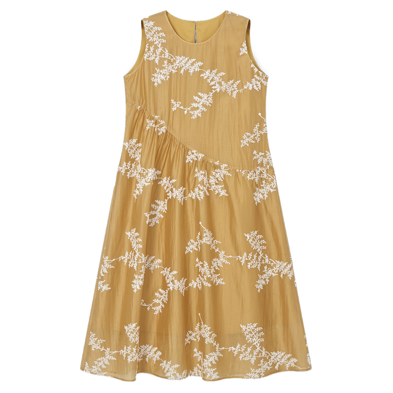 Demana [Lycra Breath Poem] Summer Vacation Style 3D Embroidered Sleeveless Patchwork Elegant Mid-Length Dress for Women