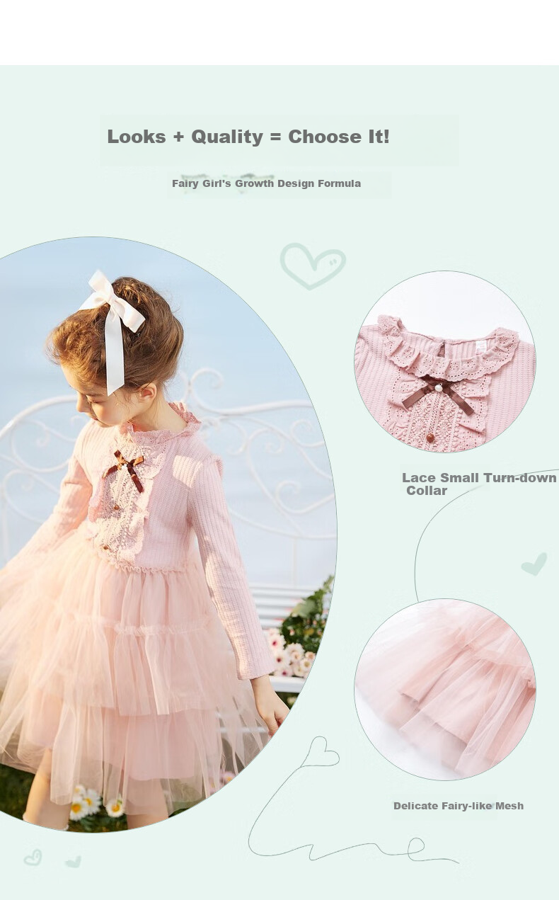 Follow Me Girls' Dress Spring And Autumn Sweet Tulle Knit Dress for School Performances, Pink, Size 150 5