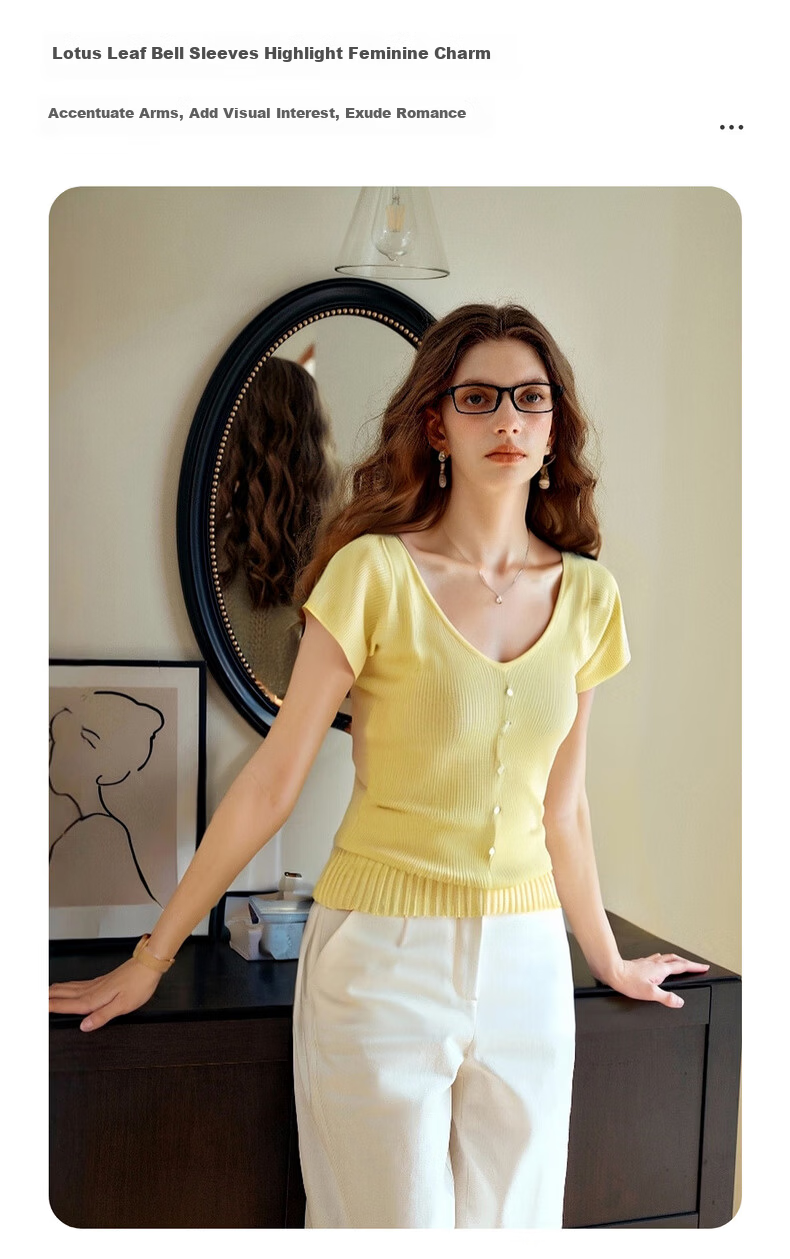 Olrain Yellow French Style Elegant Knitwear Women's Summer Slim Fit Short Top Yellow S 7