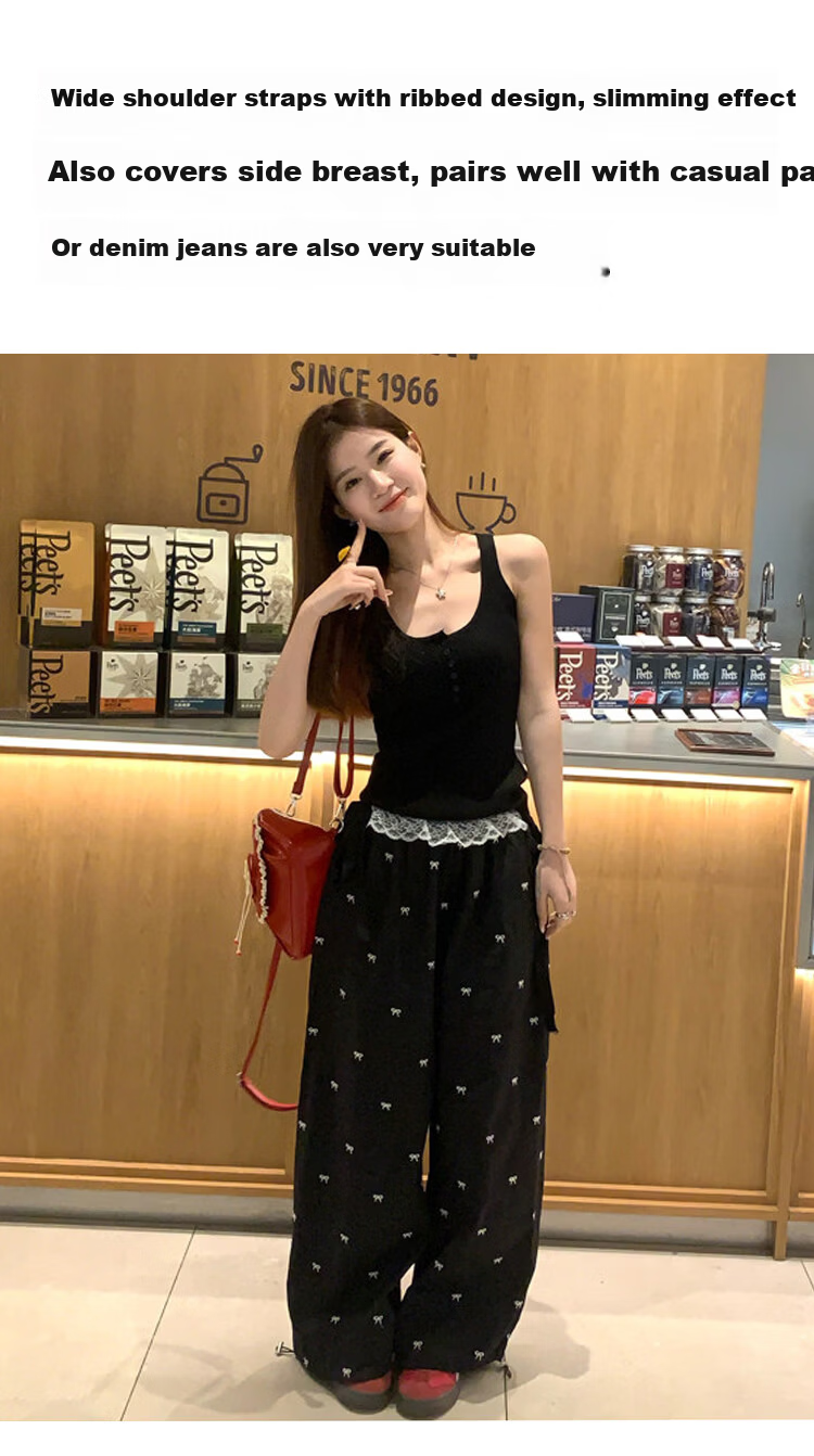 Audifine Women's Spring Summer Knitted Sleeveless Detachable Button Fashion Basic Tank Top Black 6