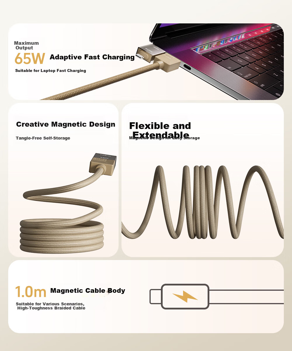 Beimo Magnetic Charging Cable 240W Fast Charge 4-in-1 Data Cable Car Data Cable Compatible with Apple 17/16/iPad/Laptop/Huawei/Xiaomi 1.2m 2