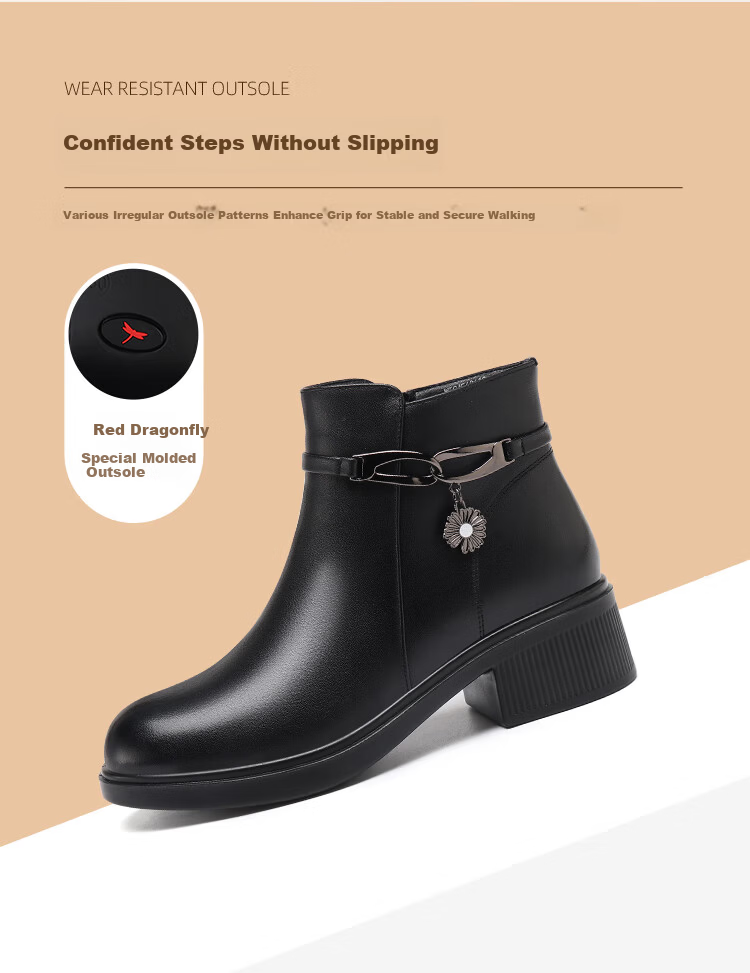Red Dragonfly Women's Genuine Leather Short Boots Autumn Winter Fleece Lined Warm Thick Sole Chunky Heel Slim Boots WTC456961C Black Size 37 5