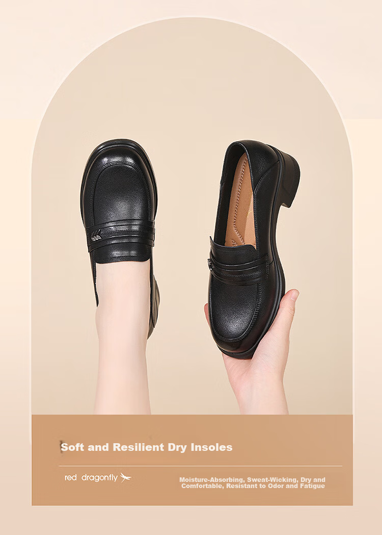 Red Dragonfly Women's Loafers Breathable Chunky Heel Leather Shoes Commuting Workplace Soft Sole Wear-Resistant Flats WTB161062 Off-White Size 37 6