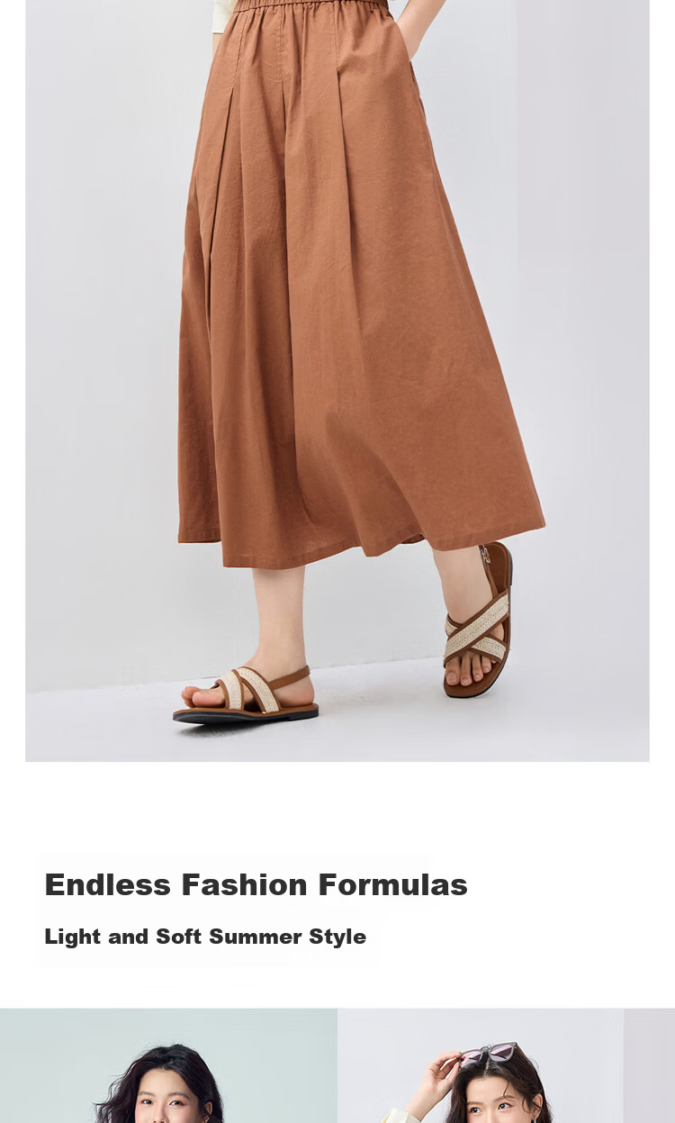 Giordano Women's Linen Skirt 2026 Spring New Cotton Linen Pleated Elastic Waist A-Line Midi Skirt 13466356 8